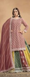 Brick Red Multi Color Chinnon Silk Resham Long Choli Lehenga