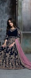 Navy Blue & Golden Velvet Flared Anarkali Suit