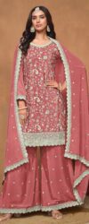 Pakistan Peach Chinnon Resham & Sequins Embroidered Palazzo Suit