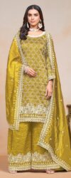 Mustard Yellow Gold Crushed Embroidered Palazzo Suit