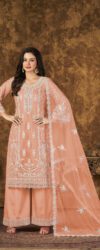 Pakistan Wear Peach Cording Embroidered Net Palazzo Suit