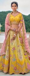 Yellow & Pink Floral Embroidered Bridal Lehenga Choli