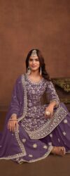 Faux Georgette Purple Embroidered Festive Palazzo Suit