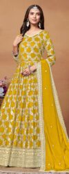 Mustard Embroidered Dola Jacquard Anarkali Suit