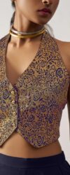 Navy Blue Jacquard Waistcoat Style Indo Western Palazzo Suit