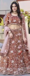 Rust Brown Embroidered A-Line Silk Lehenga Choli with Contrast Net Dupatta